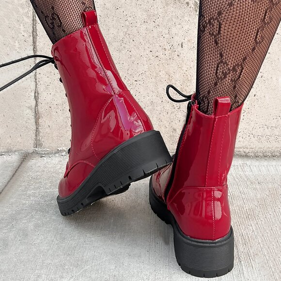 New True Red Lace-Up Military Combat Moto Ankle Boot Booties Block Heel Platform - Picture 3 of 3